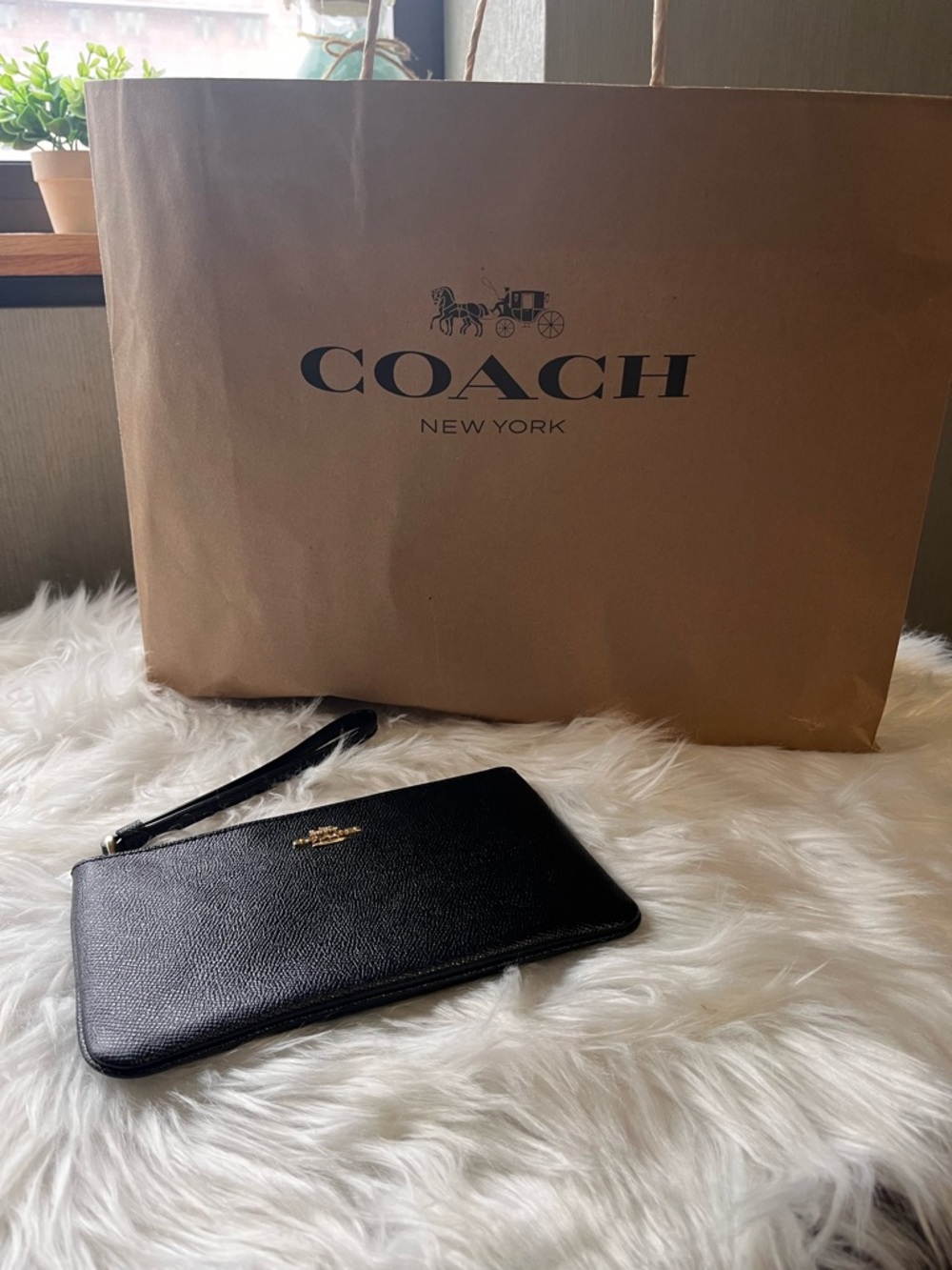 Coach Black Leather Zip Wristlet with Gold Logo